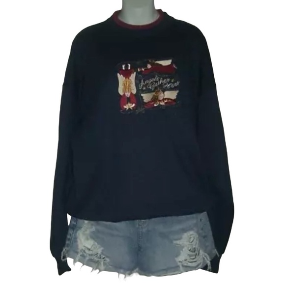 Vintage 90's Sweatshirt Angelcore Angel Navy Embroidered Retro Double Collar XL - Picture 1 of 7